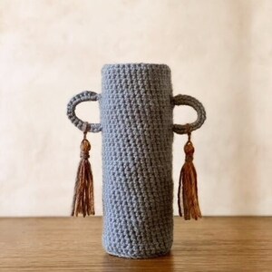 Crochet Cylinder Vessel with Handles and Tassels / Silver Grey Vase / Boho Fall Decor