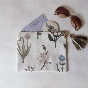 Hand-Painted Botanical Linen Clutch with tassels / One-of-a-kind Art / Handmade / Make-up Bag / Boho / Gift for Graduation