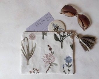 Hand-Painted Botanical Linen Clutch with tassels / One-of-a-kind Art / Handmade / Make-up Bag / Boho