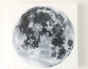 Hand-Painted Acrylic Full Moon Painting / Black and White Art  / Minimalistic / 12x12 Gallery Canvas