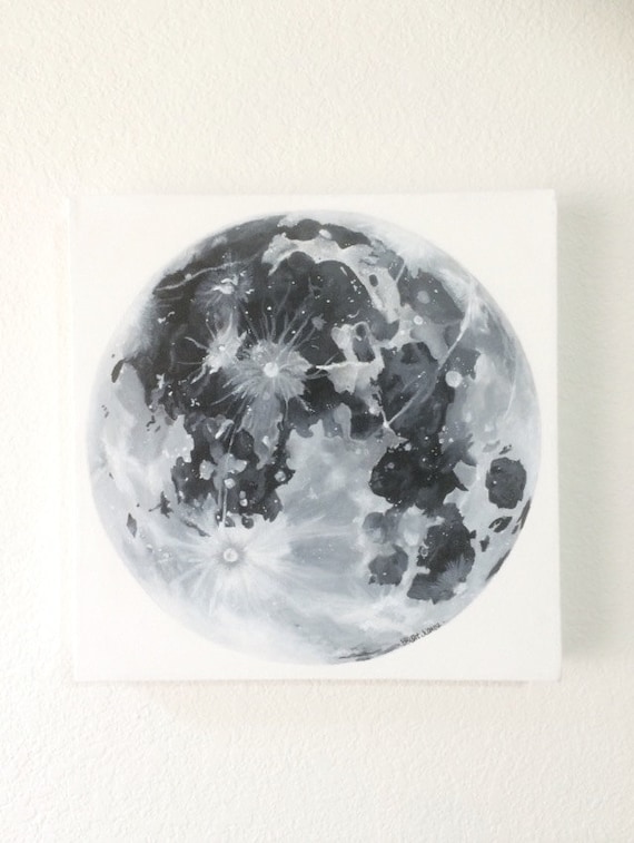 Hand-Painted Acrylic Full Moon Painting / Black and White Art  / Minimalistic / 12x12 Gallery Canvas
