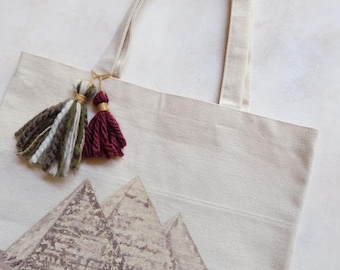 Hand-painted Pyramids with Stamped Camels Tote-bag / Reusable / 13" x 13" / Tassels / Thick Cotton Canvas