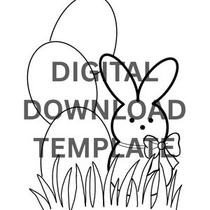 May include: Black and white line art illustration of an Easter bunny with a bow tie, two eggs, and grass. The text "DIGITAL DOWNLOAD TEMPLATE" is overlaid on the image.