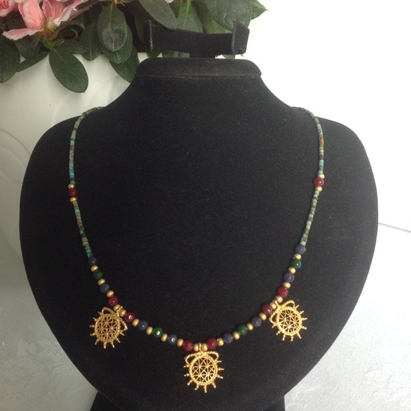 Minimalist Necklace with Hittite Sun Figure, jades and Indian Beads