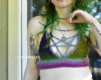 Colourful Pale Blue Pentagram Witchy Crop Bralette Top - XS-S