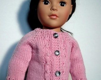 Hand-knit cable cardigan sweater for American Girl and other 18” dolls.