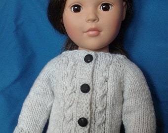 Hand-knit cable cardigan sweater for American Girl and other 18” dolls and bears.