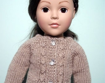 Hand-knit cable cardigan sweater for American Girl and other 18” dolls.