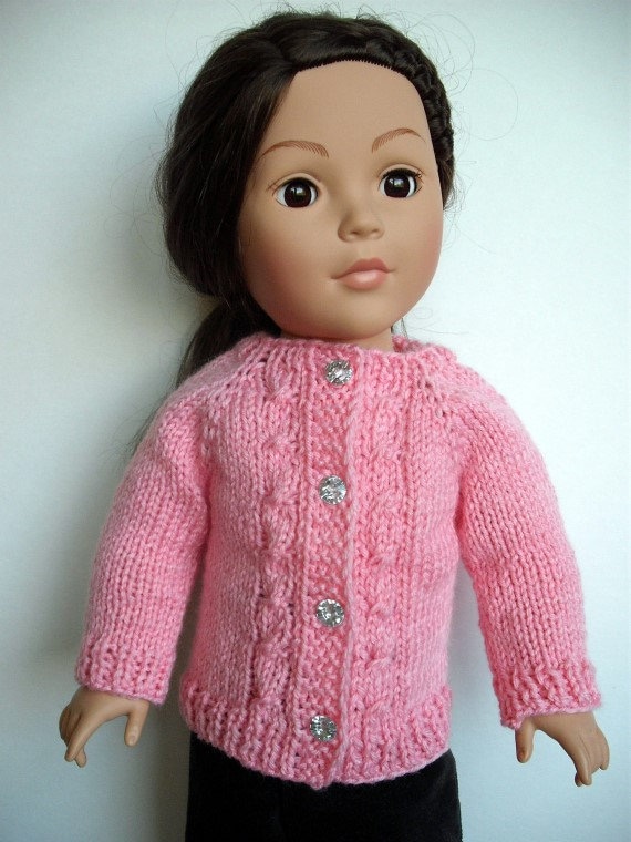 Hand-knit cable cardigan sweater for American Girl and other 18” dolls and bears.