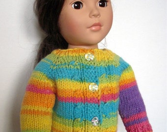 Hand-knit cable cardigan sweater for American Girl and other 18” dolls and bears.