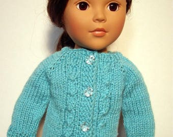 Hand-knit cable cardigan sweater for American Girl and other 18” dolls and bears.