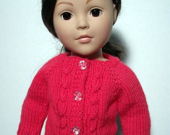 Hand-knit cable cardigan sweater for American Girl and other 18” dolls.