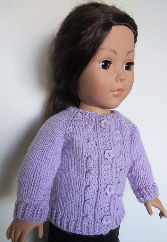 Hand-knit cable cardigan sweater for American Girl and other 18” dolls and bears.
