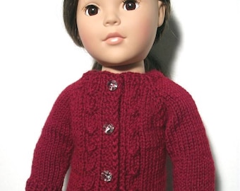Hand-knit cable cardigan sweater for American Girl and other 18” dolls and bears.