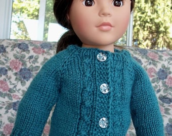 Hand-knit cable cardigan sweater for American Girl and other 18” dolls and bears.