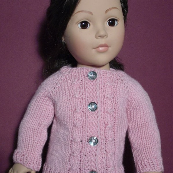 Hand-knit cable cardigan sweater for American Girl and other 18” dolls.