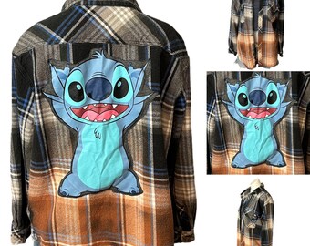 Lilo and Stitch Plaid Flannel Shirt Size XL Oversize Shacket Blue Unique Upcycle