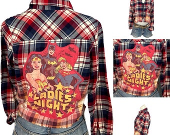 Wonder Woman Flannel Plaid Shirt Shacket Crop Top SMALL Oversize Unique Blue Red