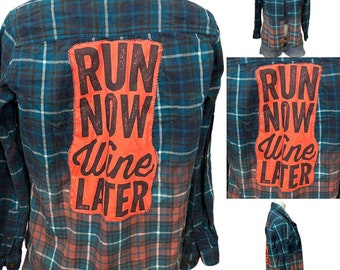 Run Now Wine Later Flannel Plaid Shirt SMALL Shacket Oversize Unique Upcycled