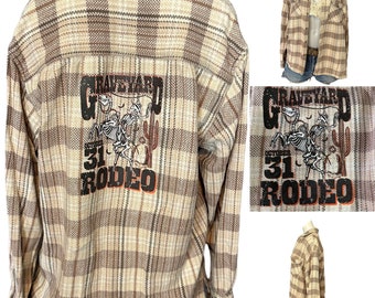 Halloween Flannel Plaid Shacket Shirt LARGE Oversize One of Kind Graveyard Rodeo