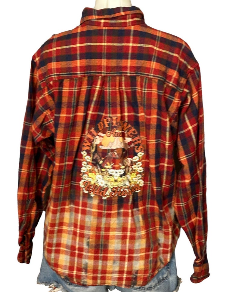 Wild Horses Plaid Flannel Shirt Shacket MEDIUM Oversize One of Kind Rust Brown image 3