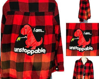 T-Rex Unstoppable Plaid Flannel Shirt Size XL Oversize Shacket Unique Upcycled