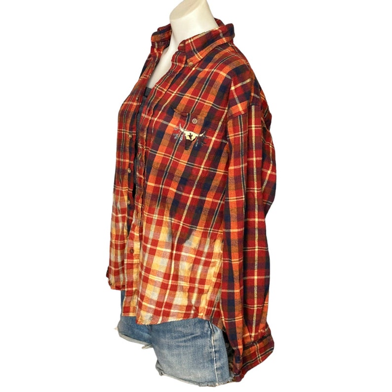 Wild Horses Plaid Flannel Shirt Shacket MEDIUM Oversize One of Kind Rust Brown image 4