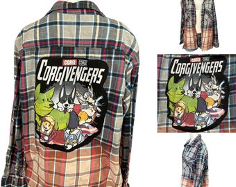 Corgivengers Plaid Shacket Flannel Shirt Brown XXL Oversize Unique Corgi Lover