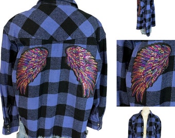 Plaid Flannel Shirt Shacket LARGE Oversize Unique Sequin Angels Wings Blue Black