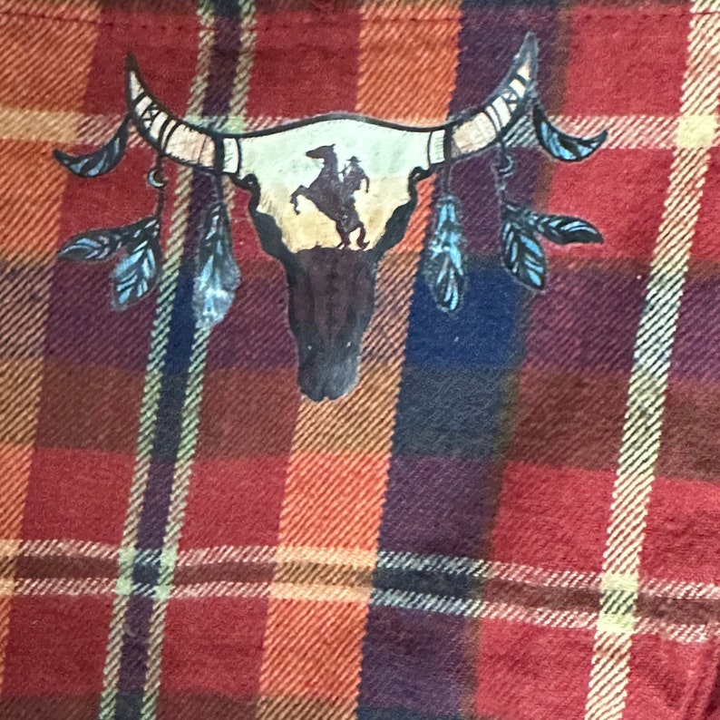 Wild Horses Plaid Flannel Shirt Shacket MEDIUM Oversize One of Kind Rust Brown image 6