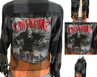 King Kong Plaid Flannel Shirt SMALL Oversize Shacket Upcycle Unique Black Retro