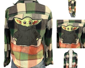 Baby Yoda Plaid Flannel Shirt Shacket XS Oversized One of Kind Upcycled Green