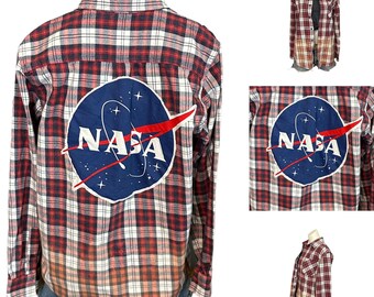 NASA Flannel Plaid Shirt Shacket MEDIUM Oversize Unique Retro Grunge Geekcore Upcycled