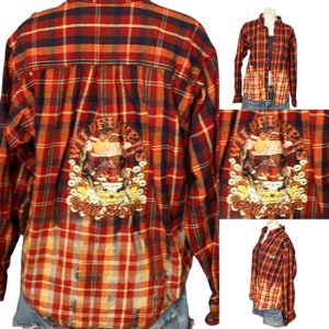 Wild Horses Plaid Flannel Shirt Shacket MEDIUM Oversize One of Kind Rust Brown image 1