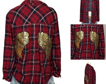 Angel Wings Plaid Flannel Shirt Shacket LARGE Oversize Unique Sequin Red Black