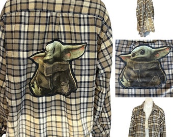 Baby Yoda Flannel Plaid Shirt Shacket XL Oversized One of Kind Upcycled Brown