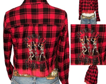 Cowboy Skelton Flannel Plaid Shirt Shacket Crop Top SMALL Oversize Unique Red