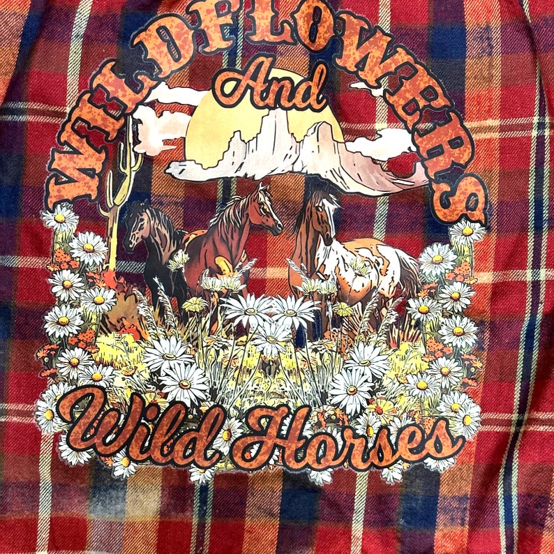 Wild Horses Plaid Flannel Shirt Shacket MEDIUM Oversize One of Kind Rust Brown image 2