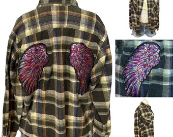 Flannel Shacket Plaid Shirt XL Oversize One of Kind Sequin Angels Wings Purple Green