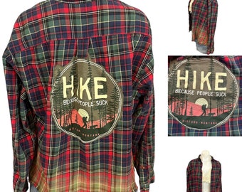 Hike Because People Suck Plaid Shacket Flannel Shirt MEDIUM Oversize One of Kind