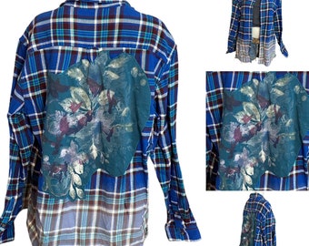 Watercolor Floral Plaid Flannel Shirt Shacket Blue LARGE Oversize Upcycle Unique