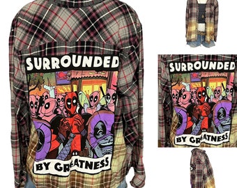 Deadpool Plaid Flannel Shirt Shacket Brown Purple XXL Oversize Unique Upcycled