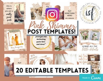 Roslyn: 20 Pink Shimmer Instagram Post Templates, Canva Instagram Templates, Editable Instagram Canva Templates for Bloggers