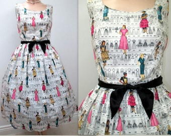 Novelty print dress, Retro 50’s dress, full skirt rock and roll dress, swing dress, 50’s style circle dress, rockabilly dress, Custom made