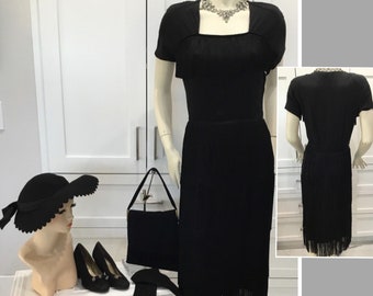 1940’s Sheila Lynn black fringe dress, 40’s chanteuse dress, Joan Crawford, Lauren Bacall style clothing 1940’s dresses 40’s black dress