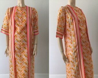 Vintage Fifth Avenue Robes By MW,60-70s wrap robe, midcentury Kaftan, MOD floral silk robe, ladies vintage luxury robes, orange pink robe