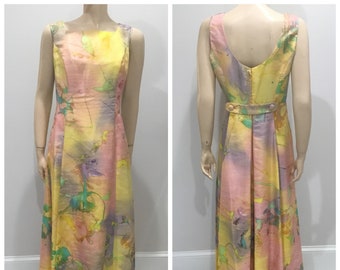 1970’s Maxi dress with waterfall back, pastel watercolor pattern like a monet painting, Hawaiian style, Asian style British Hong Kong made