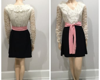 1960’s mini dress, lace 60’s dress, black, white, pink mini dress, midcentury dress, vintage 60’s party dress, 60’s cocktail dress, madmen