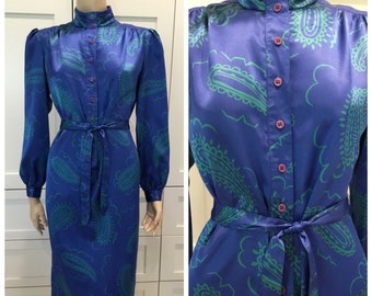 1980’s Shrader Sport Petite shirt dress, size 10 petite 80’s Secretary Dress, 80’s fashion,80’s style, blue Paisley print shirt dress