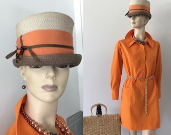 1970’s shirt dress, Mod 70s dress, orange70’s dress, midcentury dress and hat, 70’s clothing, 70’s style, 70’s fashion, vintage 70s clothes